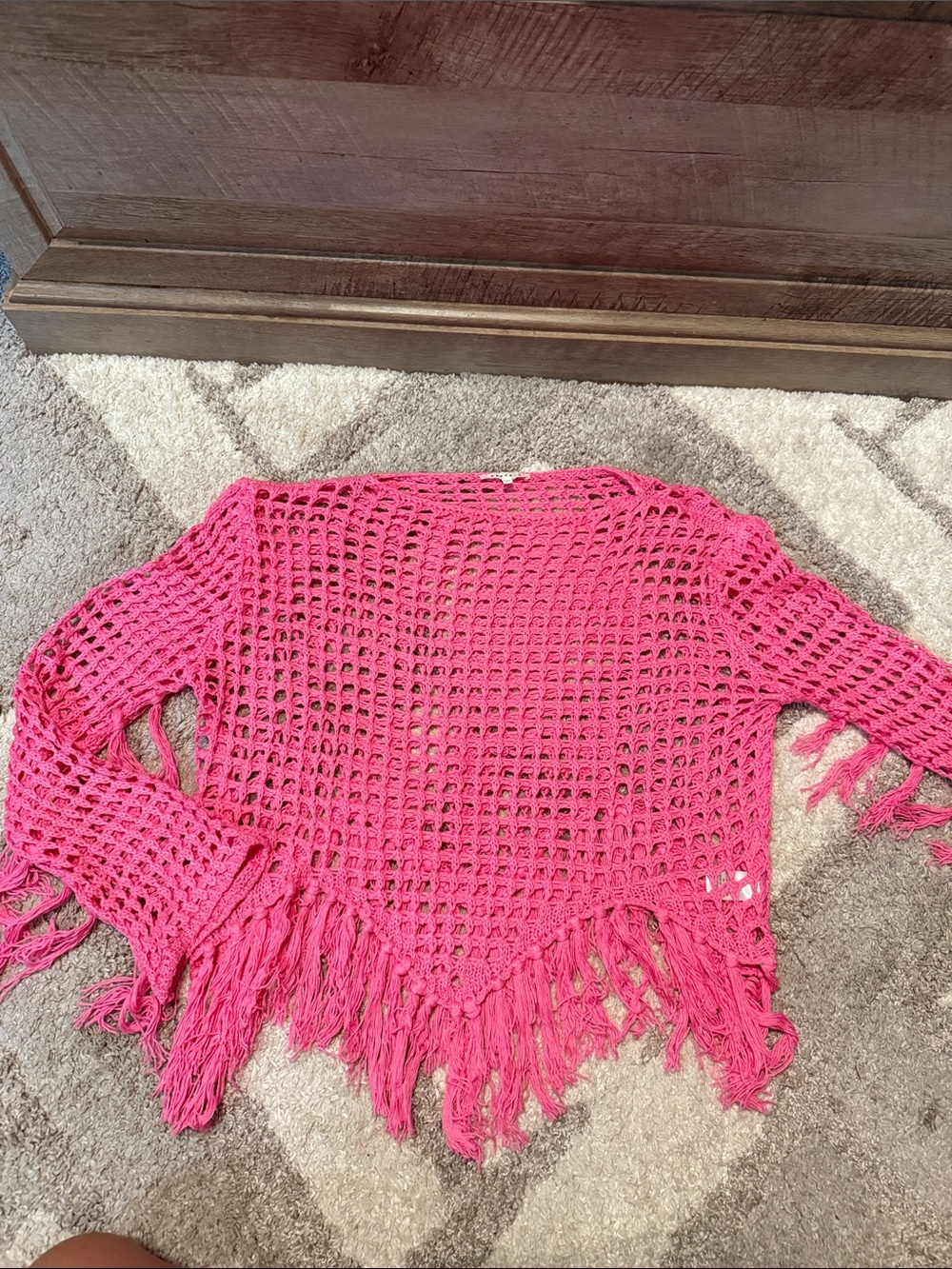 Women's Hot Pink Crochet Fringe Poncho Sweater